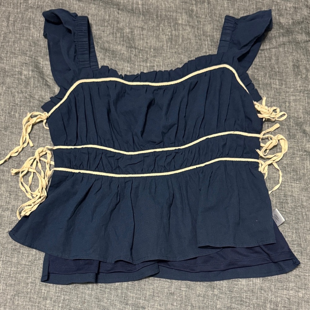Navy Blue Women's Top with Cream Accents